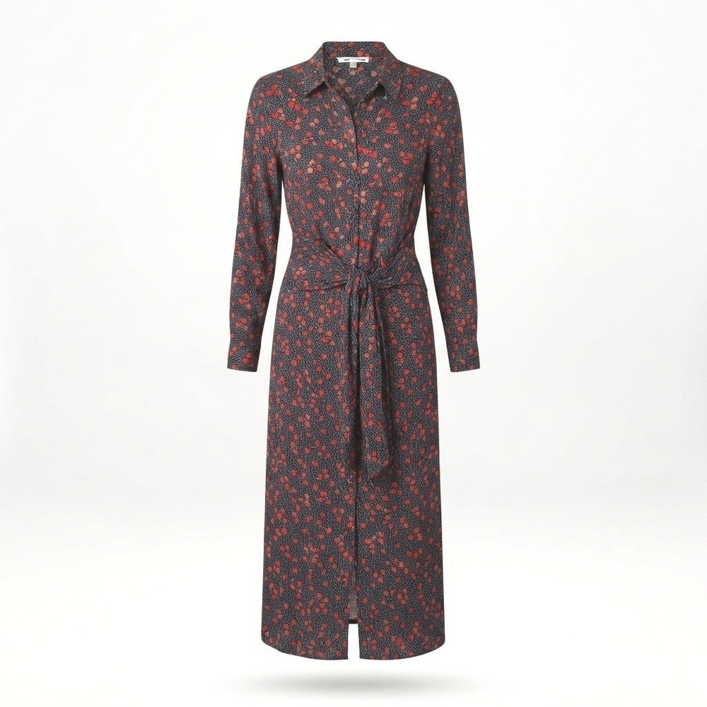 Zara Shirt Dress Womens Medium Black Red Floral Polka Dot Tie Front Midi Ditzy
